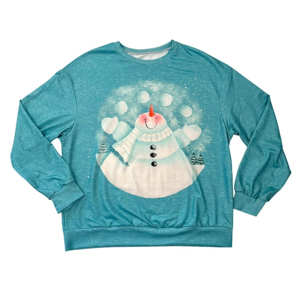 Snowman Teal Sweatshirt XL Winter Holiday Lightweight Cozy Top